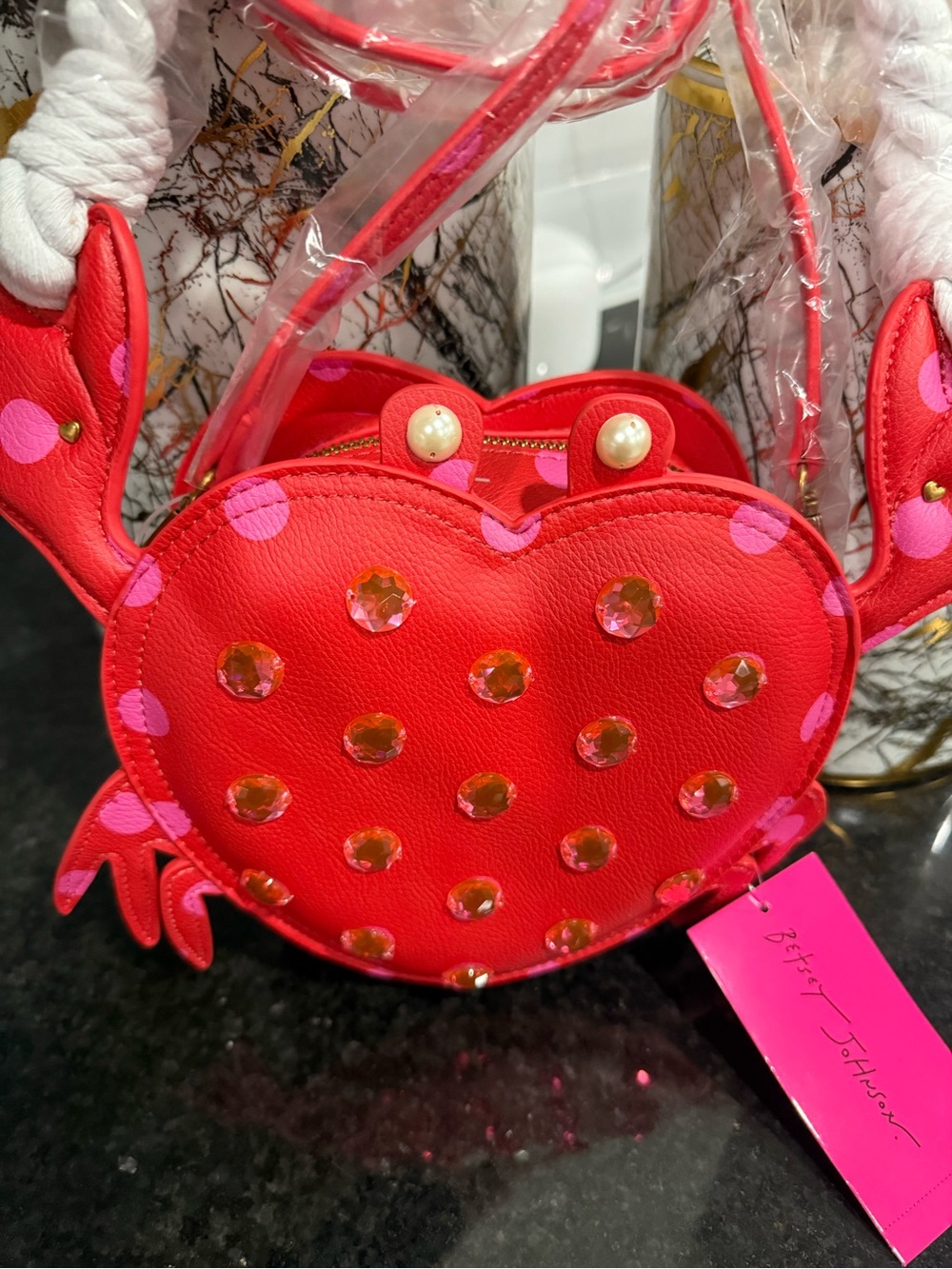 Betsey Johnson Red Pink Crab Heart Crossbody Bag - Picture 2 of 7